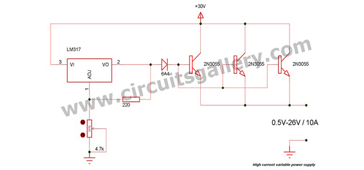 High Current Adjustable Power Supply Circuit Using LM317