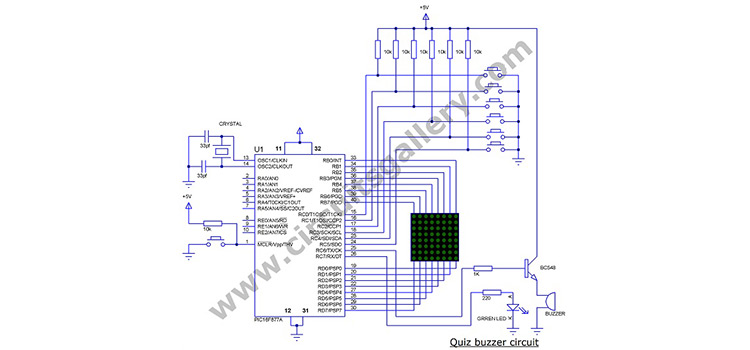 Electronic Quiz Buzzer Circuit Diagram using PIC Microcontroller