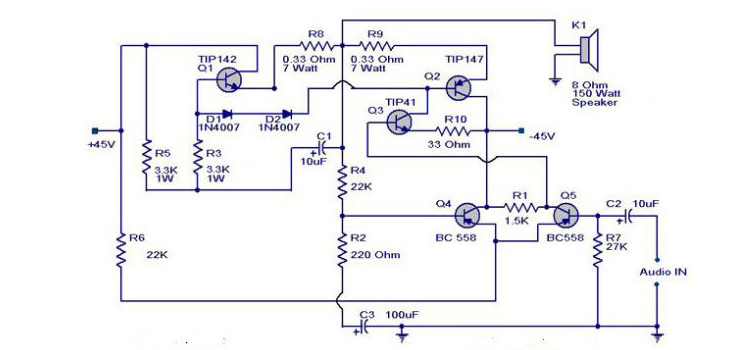 Simple Home Audio Power Amplifier Circuit Schematic