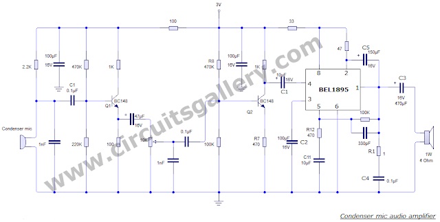 Condenser Microphone Amplifier Schematic Using BEL 1895 IC