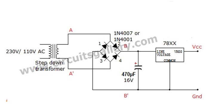 Bridge Rectifier Regulated Lab Power Supply Circuit Schematics Using 78XX Voltage Regulator