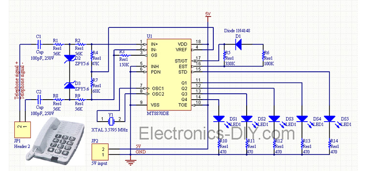 DTMF Decoder Circuit Using M8870 | Schematic and Working Principle