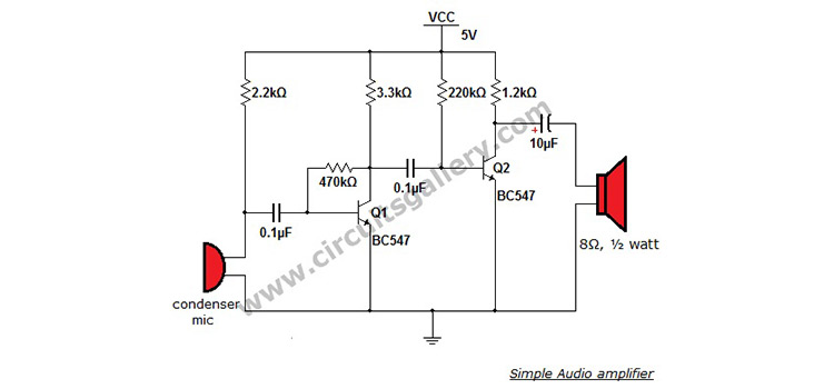 Simple Condenser Microphone Mini Audio Amplifier Circuit Schematic