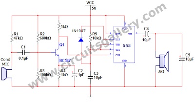 555 Timer IC Audio Amplifier Circuit Schematics
