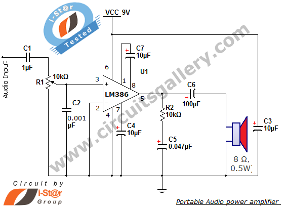 Simple Portable Audio Power Amplifier Circuit Using lm386 IC